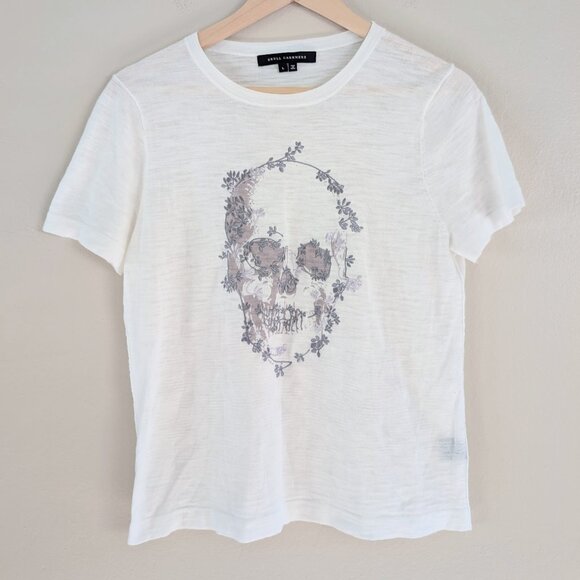 Pastel Goth Grunge Floral Embroidered Skull Graphic Tee Semi-Sheer Women's L - Picture 1 of 6
